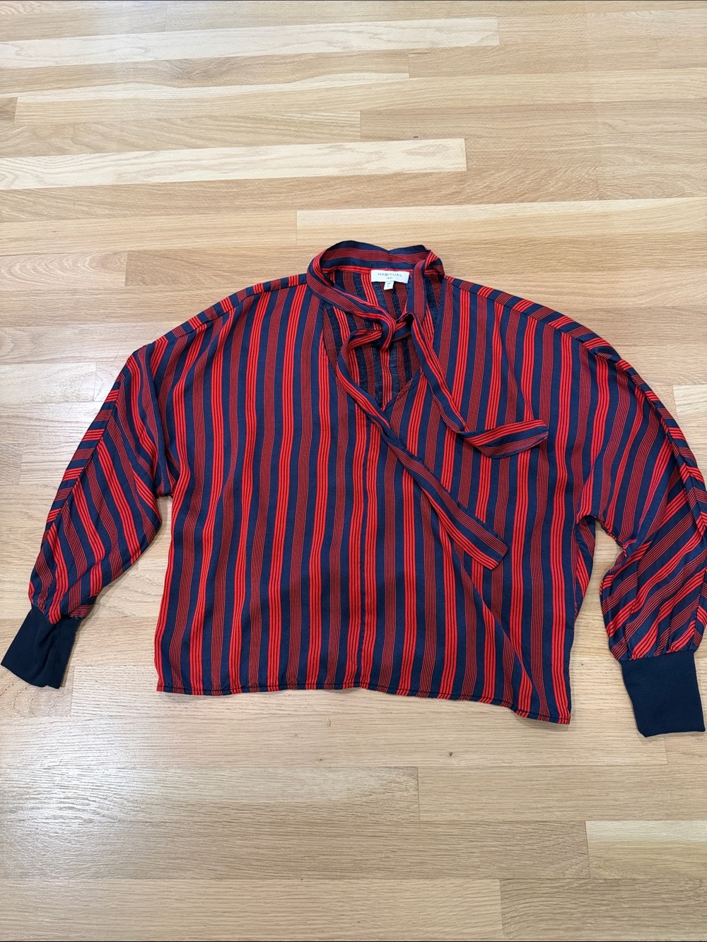 Habitual Red & Navy Vertical Stripe Tie-Neck Blouse